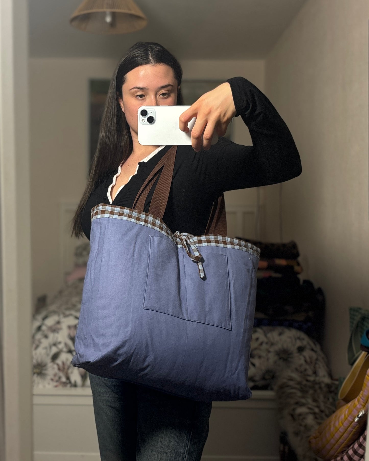 Tote: Chocolate & Sky Blue Gingham