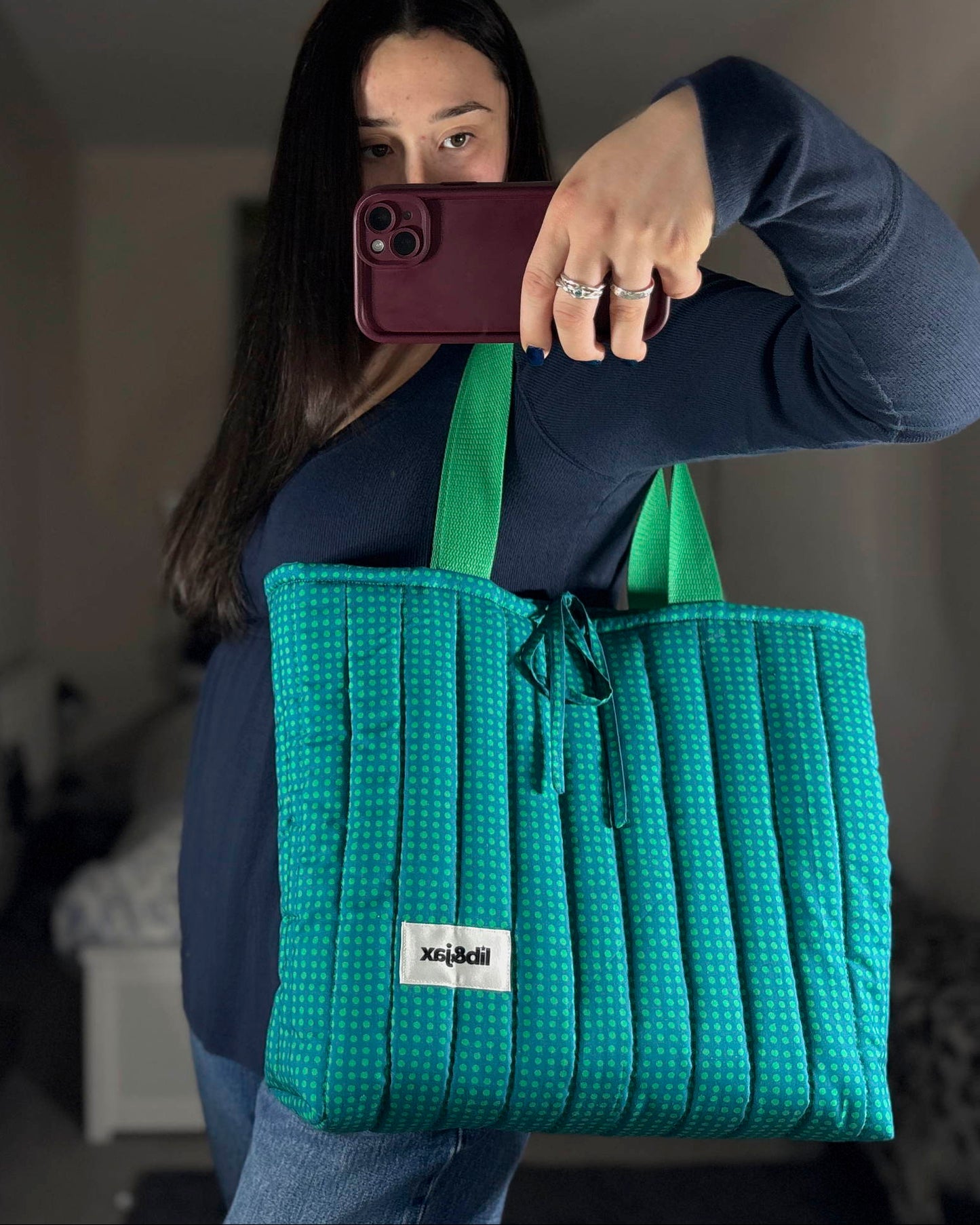 Hunter Green & Lime Polka Tote
