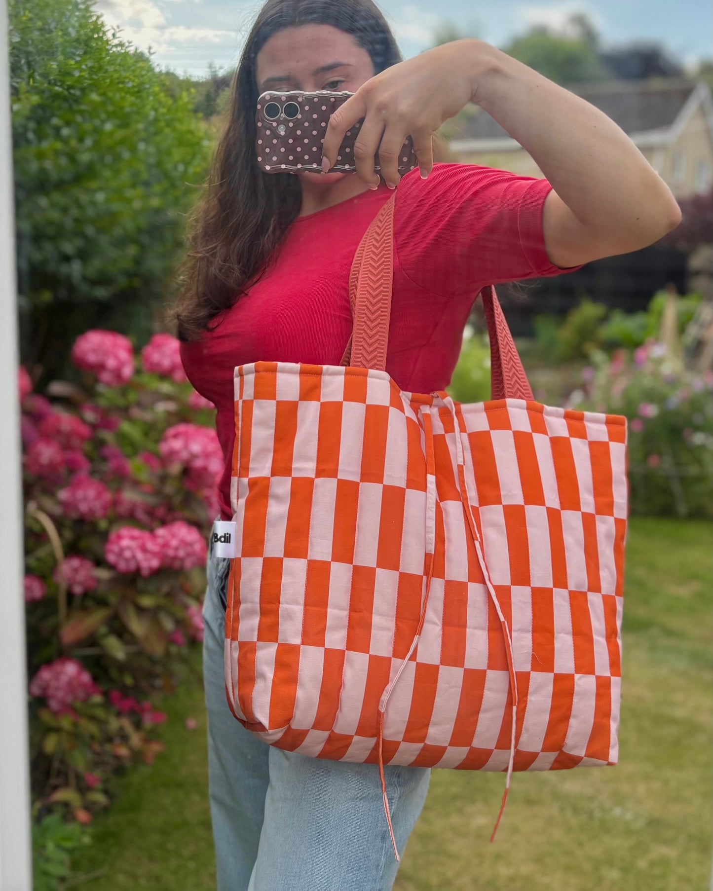 Tote: Orange & Baby Pink Checkered