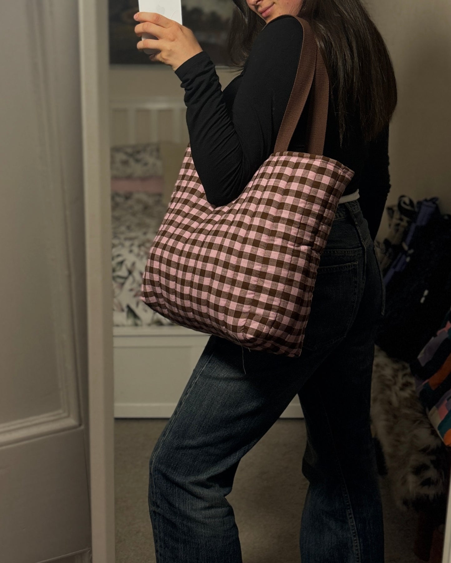 Tote: Pink & Brown Gingham