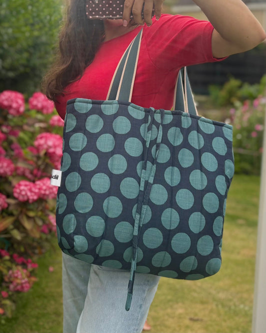 Tote: Navy & Denim Polka