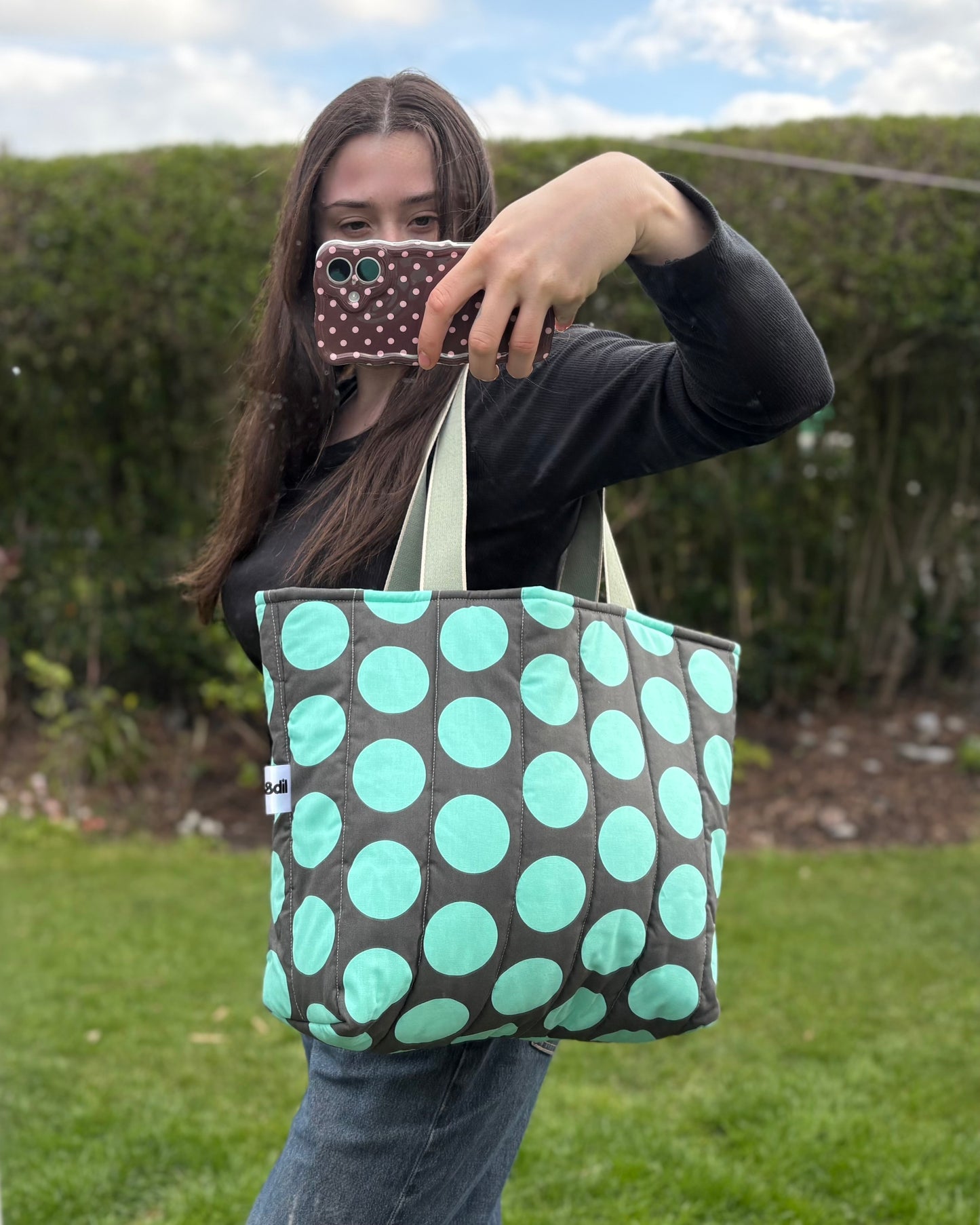 Tote: Charcoal & Turquoise Polka