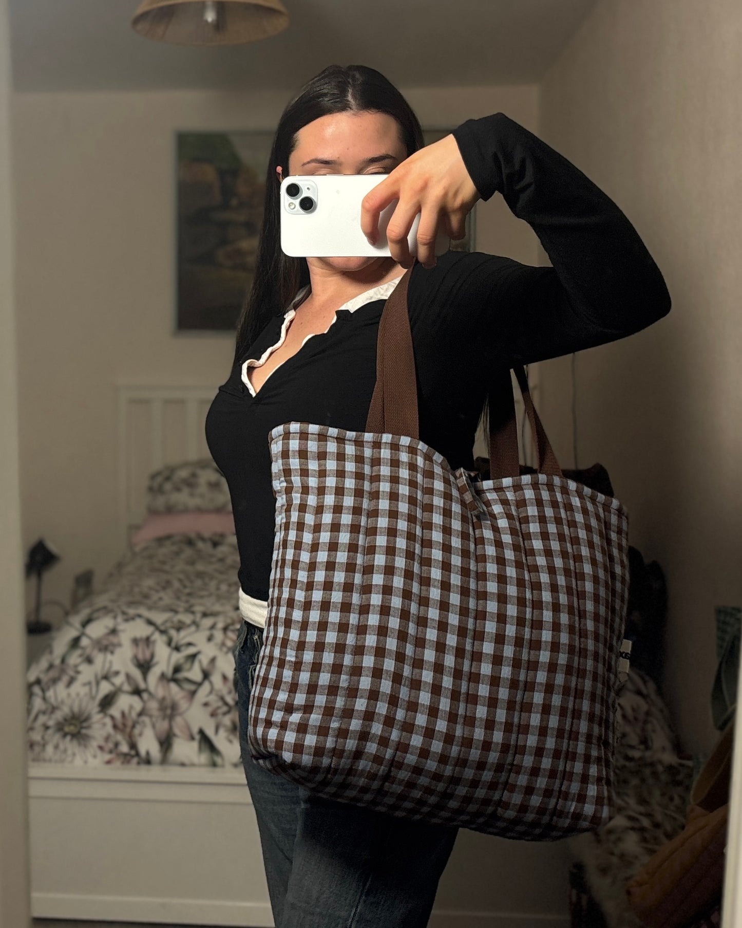 Tote: Chocolate & Sky Blue Gingham