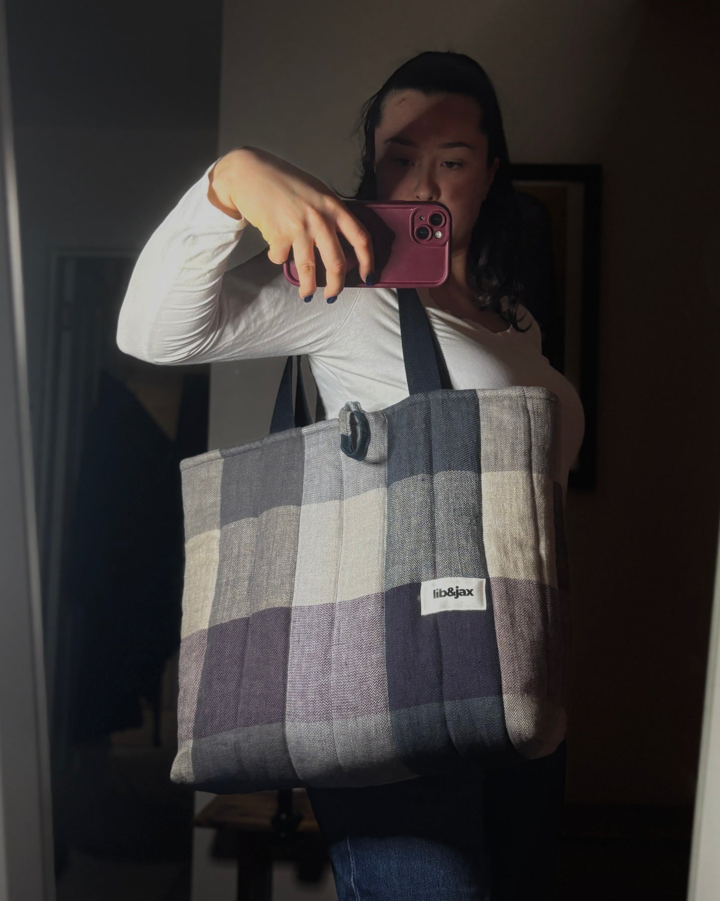 Linen Jumbo Check Tote
